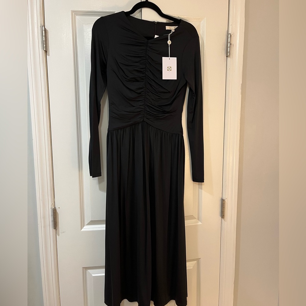 Wayf Black Long-Sleeve Ruched Midi Dress Size S